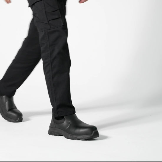 The Catania Black from Shoes For Crews, made in Italy, is a slip-resistant shoe with a composite safety toe cap and a puncture-resistant midsole, product video.