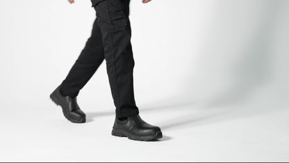 The Catania Black from Shoes For Crews, made in Italy, is a slip-resistant shoe with a composite safety toe cap and a puncture-resistant midsole, product video.